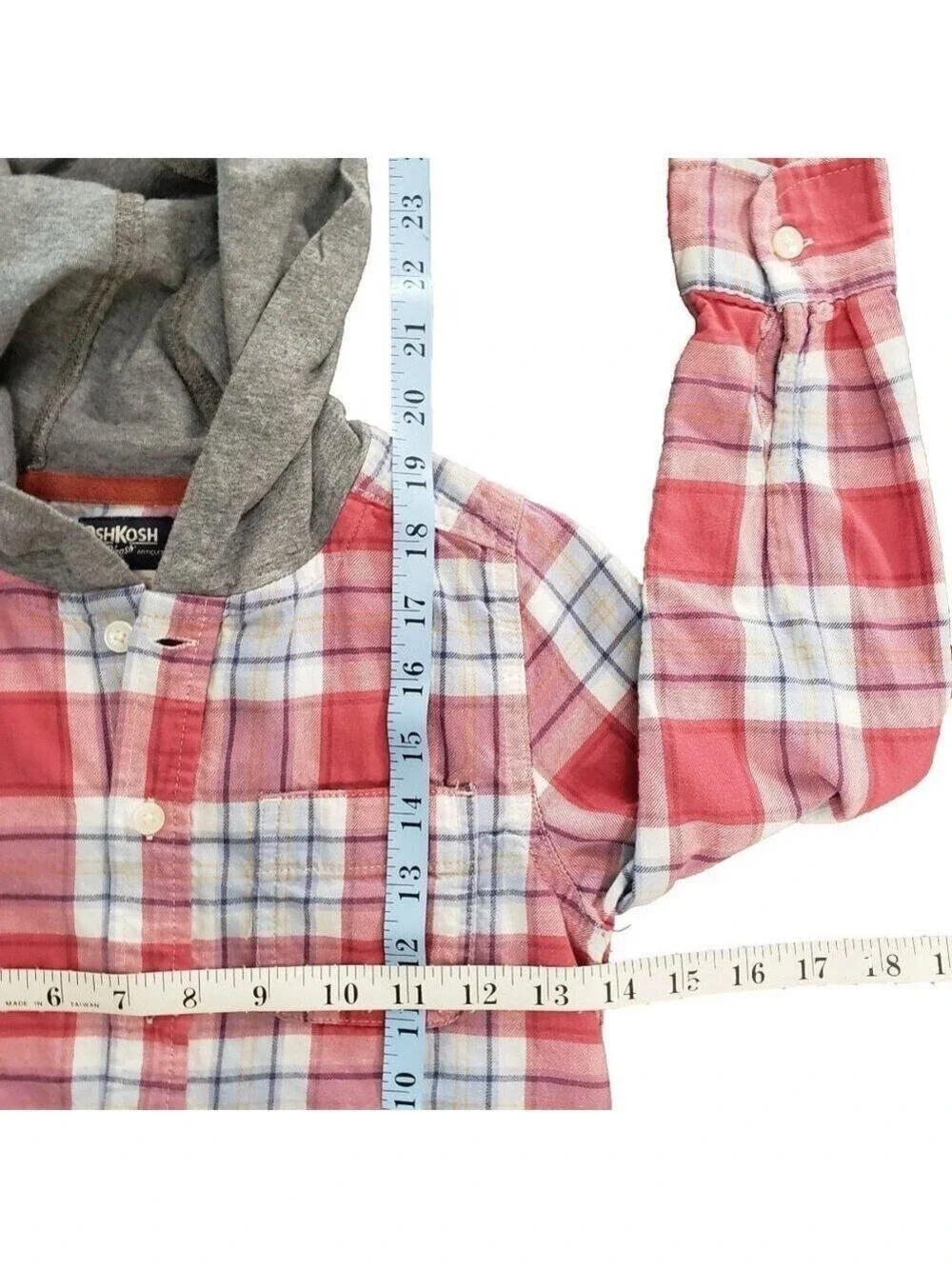 OshKosh Boys Size 7 Plaid Hooded Shirt Red Blue Button Down